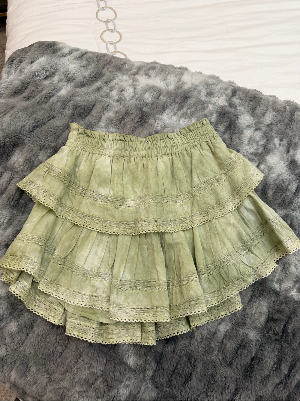 LoveShackFancy Tiered Lace-Trimmed Skirt in Sage Green